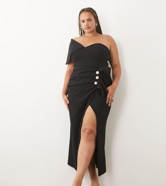 Asos Curve - Vestito midi strutturato drappeggiato nero con perle