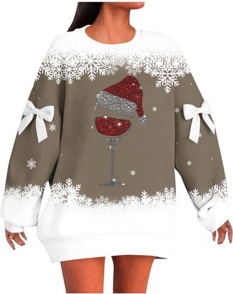 Generic Christmas Jumpers Women Oversized,Funny Christmas Tree Printed Jumper Plus Size Novelty Xmas Sweatshirts Graphic Shirts Autumn Winter Pullover Tops Bl