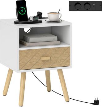 HOMCOM Homcom Mesita De Noche Con Estaci&oacute;n De Carga, Caj&oacute;n, 2 Tomas Ac, Puerto Usb Y Tipo-c, Compartimento Abierto, Patas De Madera Blanco Y Natural