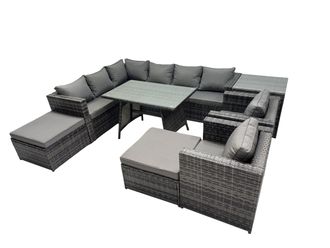 Fimous 10-seater Outdoor PE Rattan Sofa Set with with 2 Chair 2 Big Stools in Dark Grey