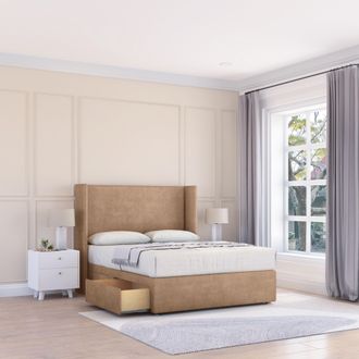 Sloomy Devonshire Naples Wingback Bed Set, 2 Drawers & 54 Floor Standing Headboard in Light Sand | Size: Small Double