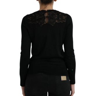 Dolce & Gabbana Womens Black Silk Lace Trim Long Sleeves Blouse Top