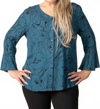Papillon Womens Floral Crinkle Button Top In Teal