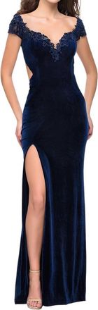 La Femme Off The Shoulder Velvet Long Dress In Navy
