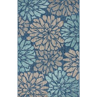 Jonathan Y Designs Zinnia Modern Floral Textured Weave Indoor/Outdoor Area Rug in Navy/aqua at Nordstrom, Size 5Ft 0In X 5Ft 0In