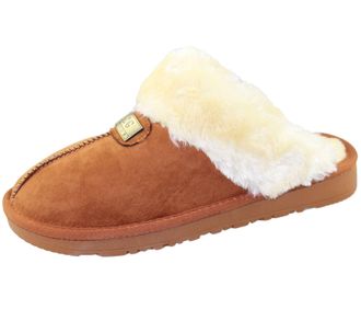 Kollache Womens Fur Lined Slippers Ladies Mules Non Slip Rubber Sole Shoes Camel Size UK 3 EU 36 US 5