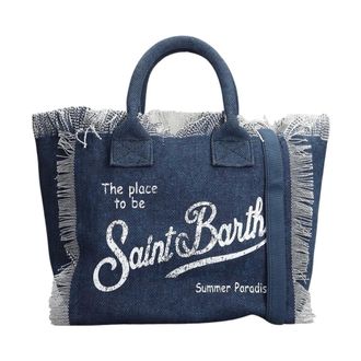 MC2 Saint Barth Tote Bags, female, Blue, Size: ONE SIZE Blue Fringed Canvas Tote Bag