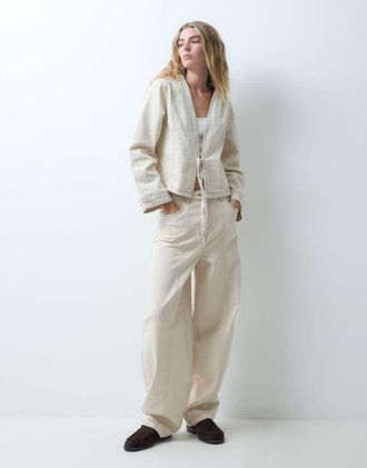 Object Jeans bombati a vita medio alta beige con cuciture a contrasto-Neutro