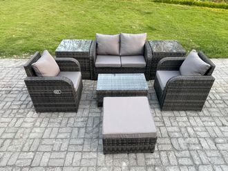 Fimous Wicker PE Rattan Outdoor Furniture Set Garden Love Sofa Coffee Table 2 Armchair 2 Side Tables Footstool Dark Grey Mixed