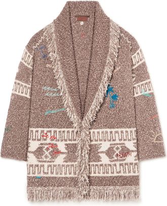 Alanui Textured Knit Cardigan with Shawl Collar and Artistic Embroidery