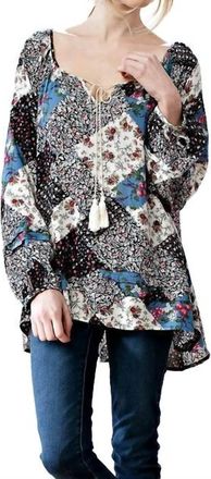 Greek Archaic Kori Patchwork Print Top In Navy