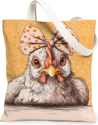 Generic Fanciful Chicken Canvas Tote Bags, Vintage Polka Dot Pattern Reusable Grocery Bags, Lightweight Washable Shoulder Strap Can, Yellow, 13x15 Inch
