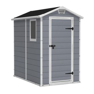 Keter Manor 4x6 - Caseta De Jard&iacute;n 130x198x192 Cm 1 Puerta Para Almacenamiento De Herramientas Acabado Efecto Madera Rayada En Resina Gris