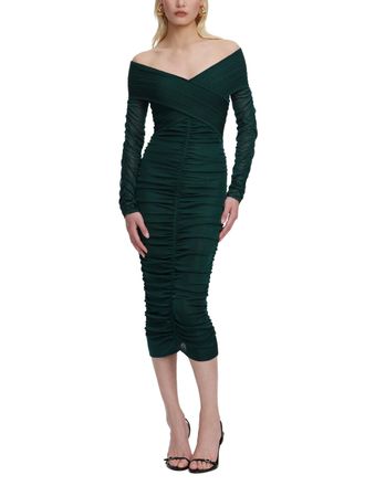 Self Portrait Ruched Deep Green Viscose Knit Midi Dress