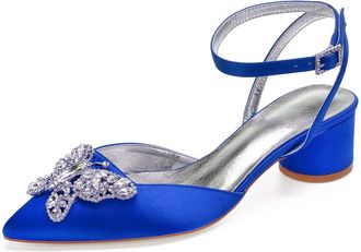 Generic Wedding Shoes Womens Bridal Pointed Toe Chunky Block Heel Ankle Strap Low Heels Slingback Heeled Sandals 4.5Cm,Blue,4 UK