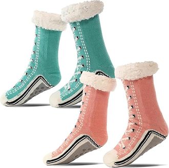 Generic Ultra-Thick Cashmere Slipper Socks for Women, Home Non-slip Soft Cozy Fleece, Winter Warm Fluffy Christmas Sock with Grippers (2pcs-a)