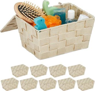 Relaxdays Relaxdays - 10x Storage Baskets with Lid, Woven Optics, Bathroom Organiser HxWxD: 10.5 x 19.5 x 14.5 cm, Plastic, Beige