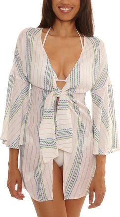 BECCA by Rebecca Virtue Radiance V-Neck Long Sleeve Cover-Up Tunic in Sky Blue/White at Nordstrom, Size Large