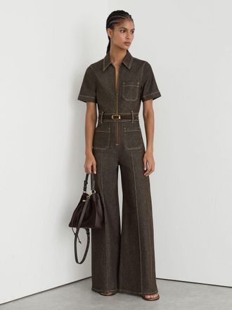 Reiss Chocolate Brown Petite Denim Wide-leg Jumpsuit, 10
