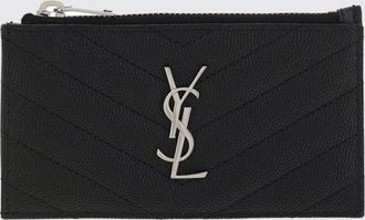 Saint Laurent Portacarte in pelle grain de poudre con motivo chevron e logo YSL