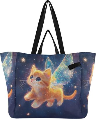 Generic Cat Stars Blue pattern Reusable Canvas Tote Bag, Heavy Duty Grocery Shopping Bag with Double Handles Hard Bottom Large Capacity Work Groceries Travel