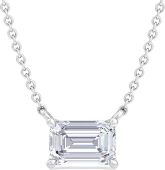 SuperJeweler Emerald Cut Lab Grown Diamond Pendant Necklace in 14K White or Yellow Gold - 1/4 to 7 Carat Total Weight - Classic Solitaire Setting for Women
