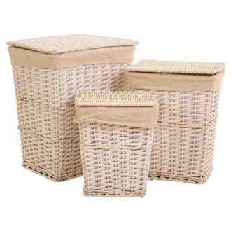Wanderlust Deco Wanderlust Deco - Set 3 Cestos De Ropa De Mimbre Blanco Forrado