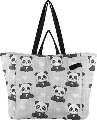 Generic Panda Hearts Gray Plaid pattern Reusable Canvas Tote Bag, Heavy Duty Grocery Shopping Bag with Large Capacity Hard Bottom Double Handles Work Grocerie