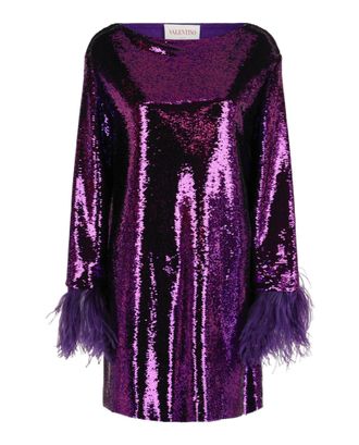 Valentino Feather-Trimmed Sequined Tulle Mini Dress
