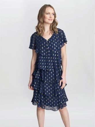 Gina Bacconi Womens Sybil foil print tier dress - Navy - Size 20 UK