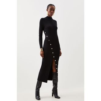 Karen Millen Viscose Popper Split Knit Midi Dress in Black at Nordstrom, Size Medium