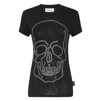 Philipp Plein Tops, Dames, Zwart, L, Katoen, T-shirt Ronde Hals Pure Fit Skull