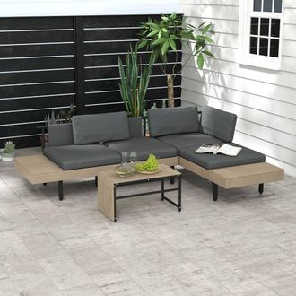OUTSUNNY 3-Piece L Shape Garden Sofa Set with HDPE Table, Cushions in Grey
