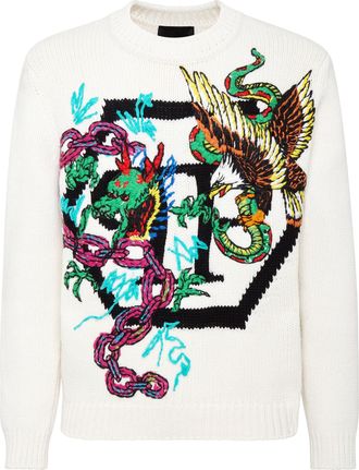 Philipp Plein Wool Cotton Pullover Round Neck LS Tattoo Patches