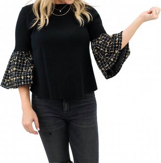THML Clothing Tweed Angel Sleeve Top In Black