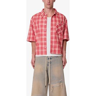 mnml Plaid Crop Short Sleeve Cotton Flannel Button-Up Shirt in Red at Nordstrom, Size Xx-Large