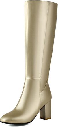 Generic Womens Knee High Boots Leather Block Heel Side Zip Versatile All Day Comfort Casual Winter Footwear,Gold,4.5 UK