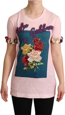 Dolce & Gabbana Floral Roses T-shirt met ronde hals - Dames - T-shirts - Roze - 2XS - Katoen - Tops