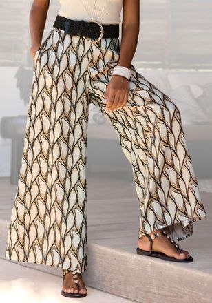 Lascana Webhose LASCANA, Damen, Gr. 34, N-Gr, bunt (beige, khaki bedruckt), Satin, Obermaterial: 100% Polyester, bedruckt, figurumspielend bodenlang, Hosen We