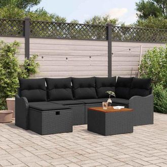 vidaXL Vidaxl Conjunto De Sof&aacute; De Jard&iacute;n Con Coj&iacute;n 7 Pcs Negro Polirat&aacute;n