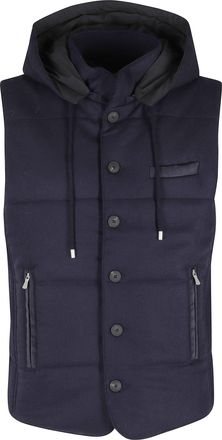Gran Sasso Blue Quilted Flannel Hooded Wool Gilet