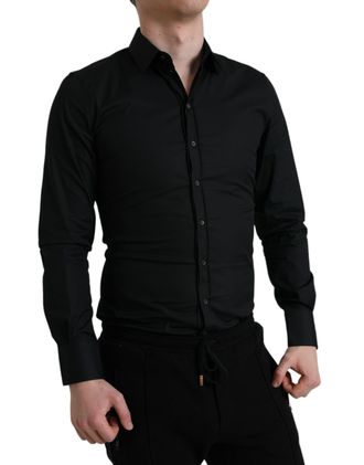 Dolce & Gabbana Mens Black Cotton Stretch Slim Formal Dress Shirt Nylon Elastane