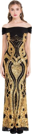 Angel Fashions Womens Off Shoulder Gold Floral Pattern Sequins Column Sheath Evening Gown Size 16