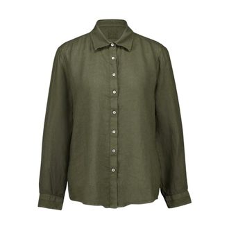 120% Lino Shirts, female, Green, S, Military Green Linen Button-Up Shirt