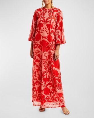 Mestiza New York Luzon Blouson-Sleeve Floral-Print Chiffon Gown