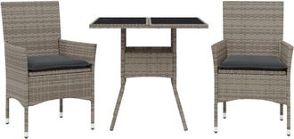 vidaXL Set Comedor Jard&iacute;n 3 Pzas Y Cojines Rat&aacute;n Sint&eacute;tico Vidrio Gris Vidaxl