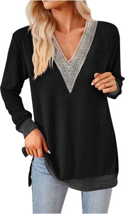 Generic Womens V Neck Lace Trim Lightweight Soft Jumpers Ladies Colour Contrasts Sweatshirt Splits Side Relaxed Fit Tunic Tops Black