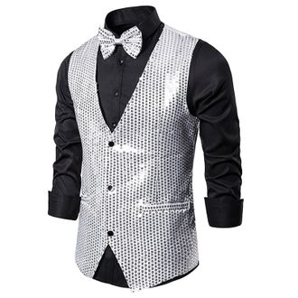 Generic Mens Shiny Sequin Suit Vest V-Neck Regular-Fit Party Dress Suit Waistcoat Bowtie 2 Pieces, Mens Sequins Vest Shiny Party Nightclub Waistcoats Sleevele