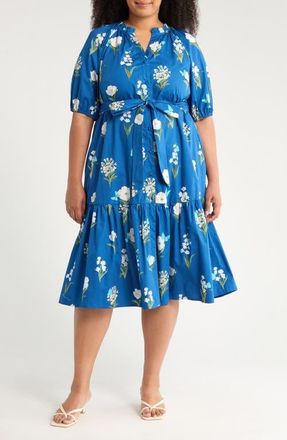 Sugarlips Madison Floral Wynette Cotton Tiered Midi Shirtdress in Blue/white/green at Nordstrom, Size 3X