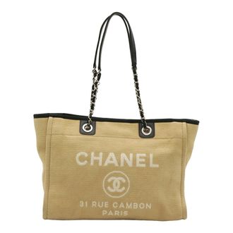 Chanel Beige Black Canvas Leather Shoulder Bag Tote Bag (Pre-Owned)